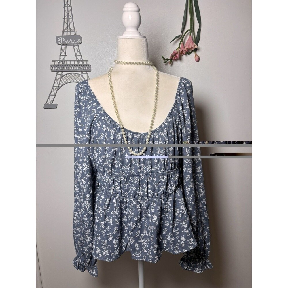 Planet Hearth Women's Blouse Size XL Blue Floral Long Sleeve